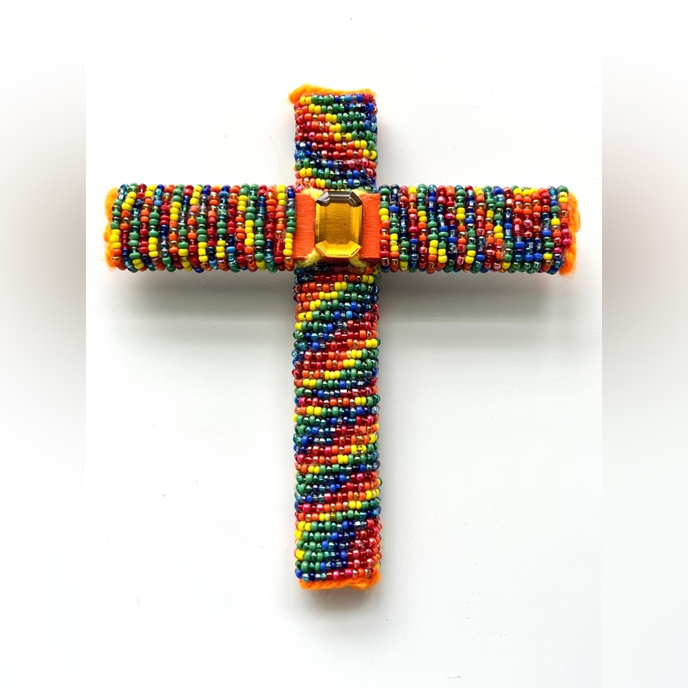 Mini Handmade wooden orange beaded cross